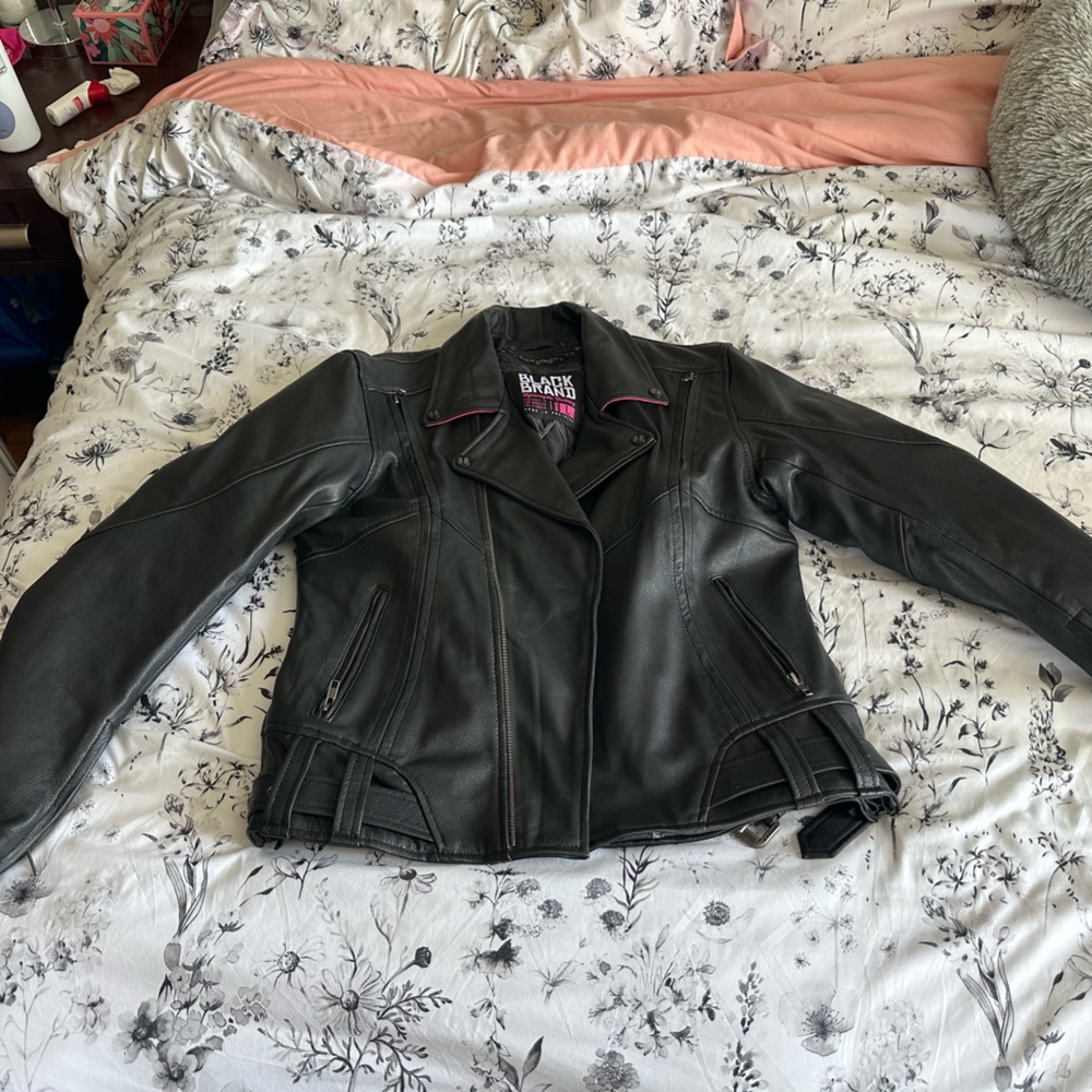 Black brand women's leather motorcycle riding jacket